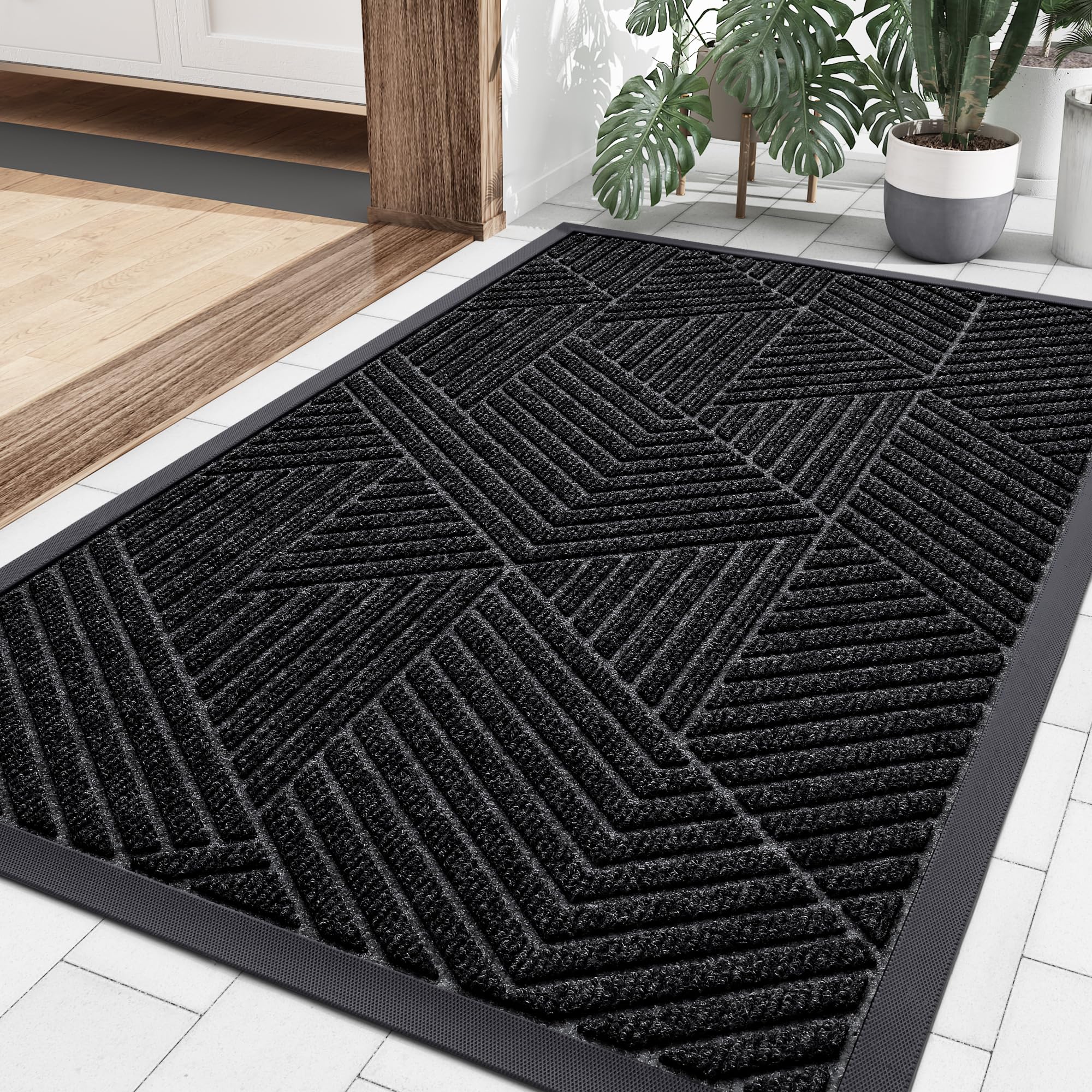 Smiry Front Door Mat Outside Entrance, Heavy Duty Sturdy Natural Rubber Doormat, Trap Dirt And Moisture, Easy Clean Low Profile Welcome Floor Mats For Indoor Outdoor Entry, 29.5X17 Inch, Black